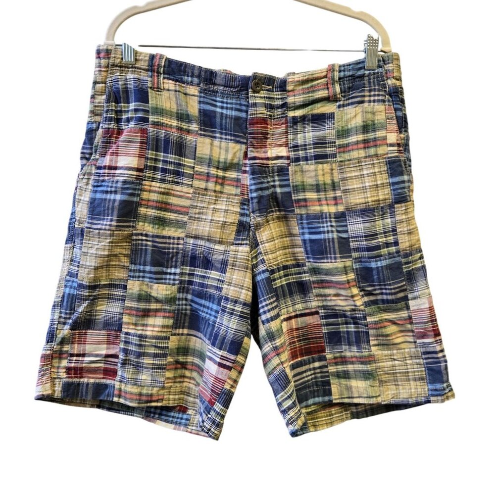 IZOD Coastal Preppy Patchwork Plaid Madras Shorts Blue Tan Red Cotton Size 36